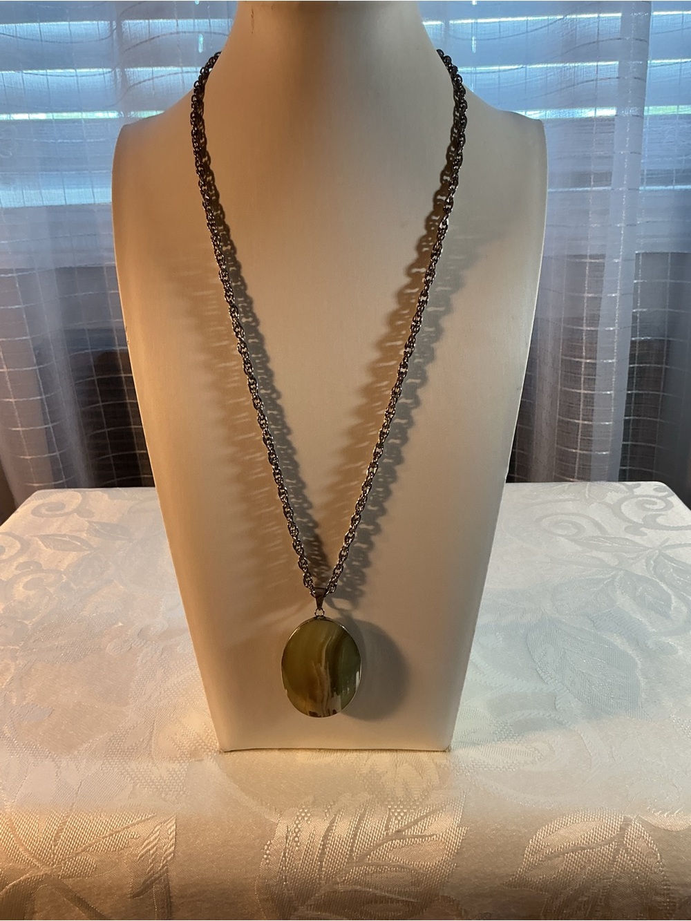Natural Green Onyx Oval Double Sided Silver Tone Pendant Necklace